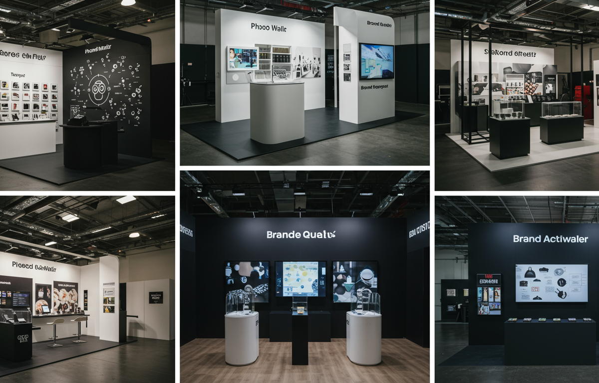 Various brand activation types including photo wall and sampling station