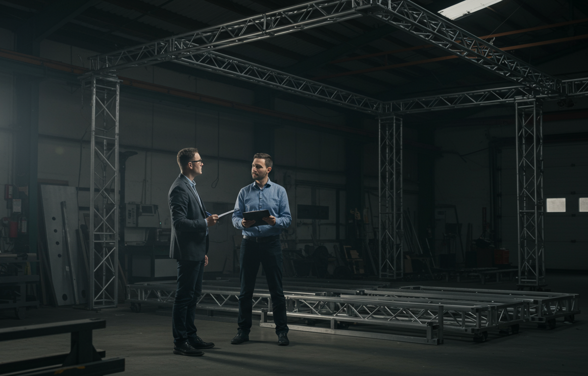 Project manager showing client pre-assembled event build in shop