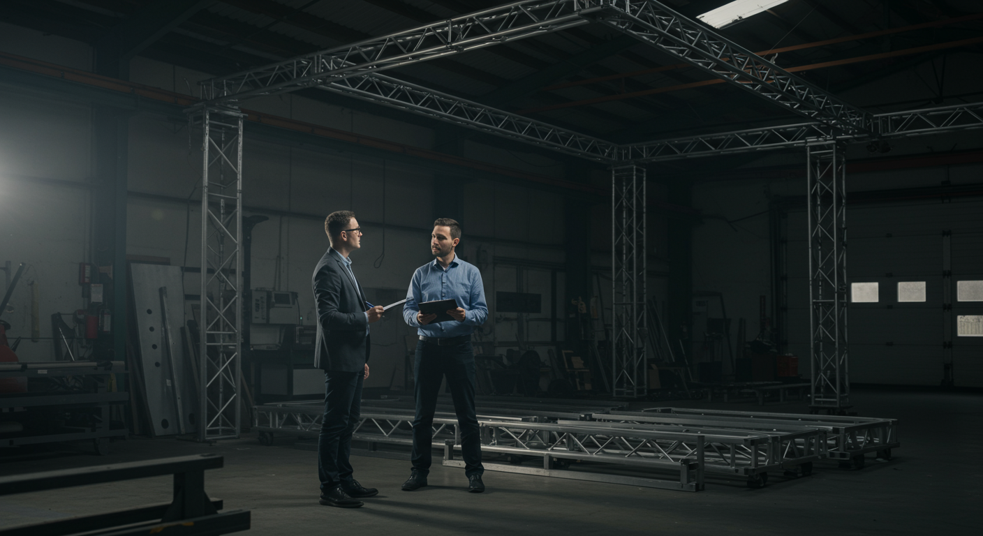 Project manager showing client pre-assembled event build in shop