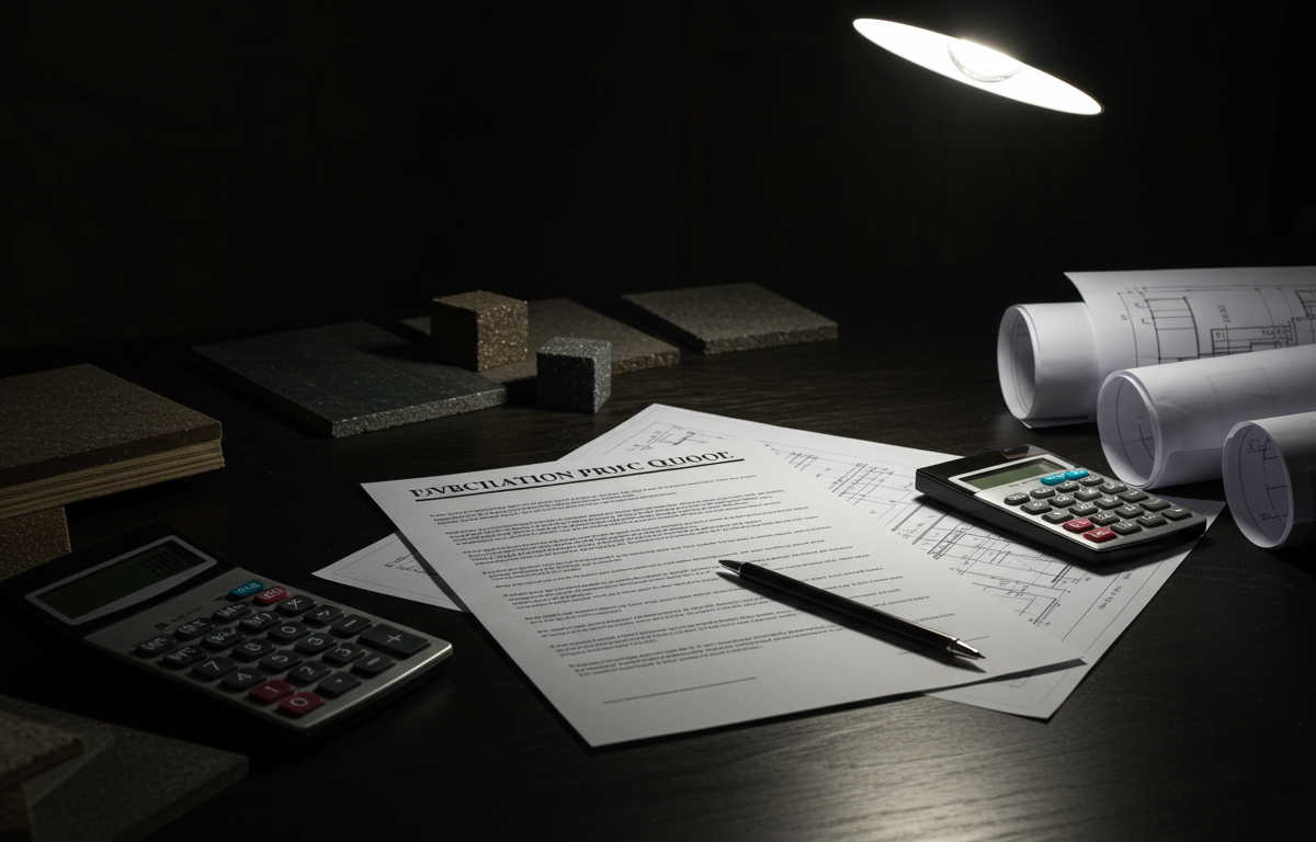 Fabrication project quote with material samples and blueprints