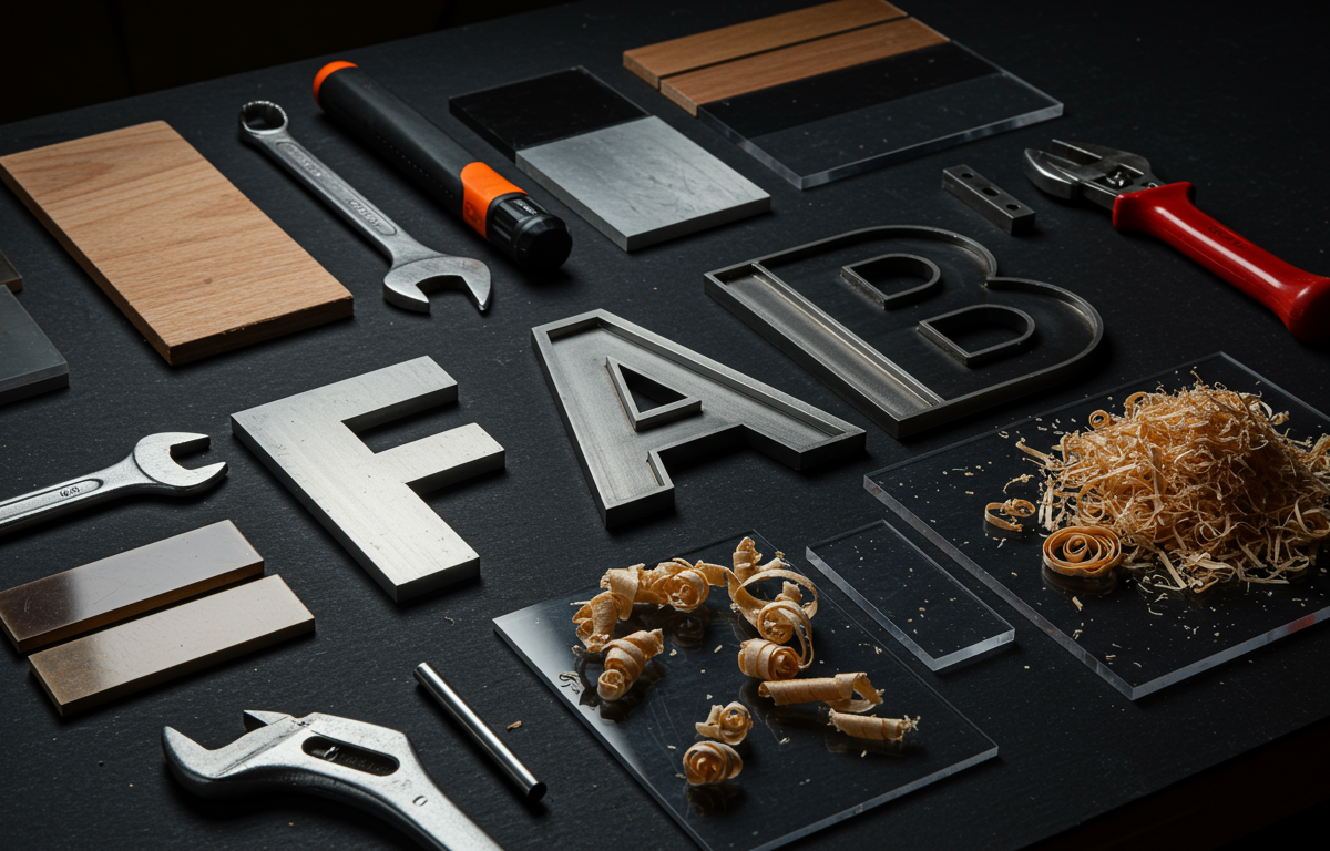 Fabrication tools and materials arranged on dark workbench