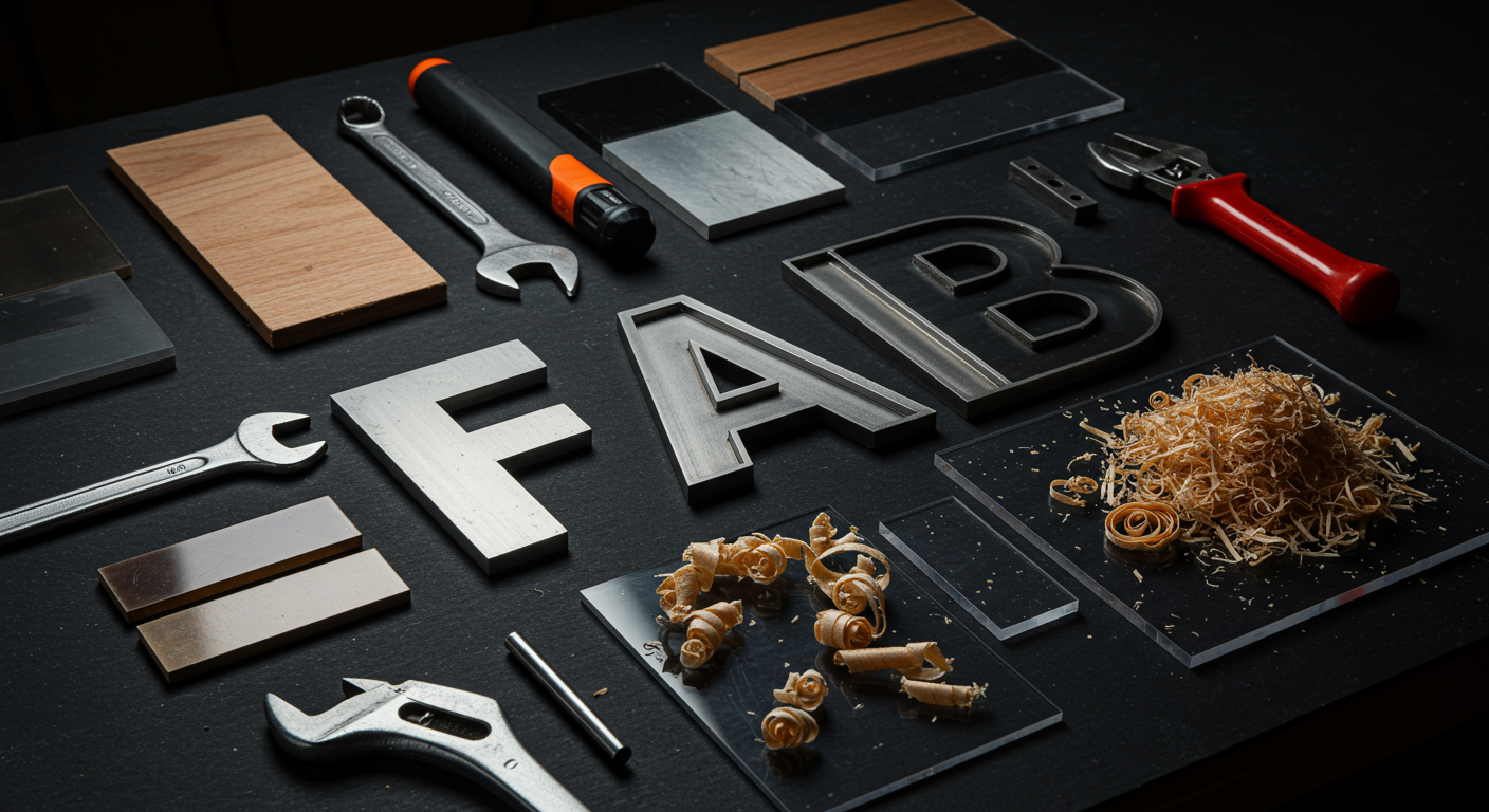 Fabrication tools and materials arranged on dark workbench