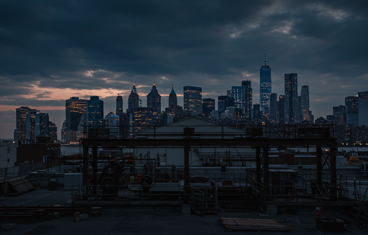 NYC skyline with fabrication shop in foreground