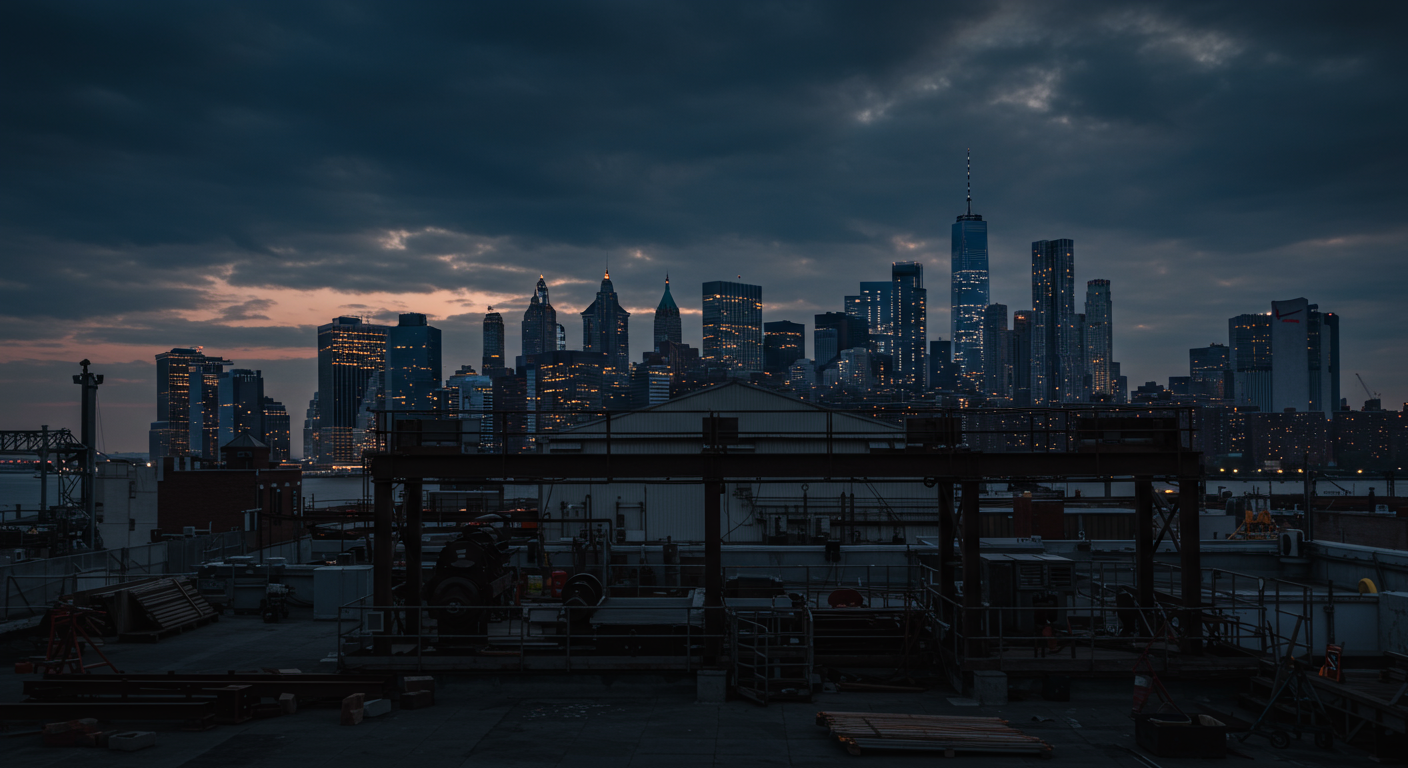 NYC skyline with fabrication shop in foreground