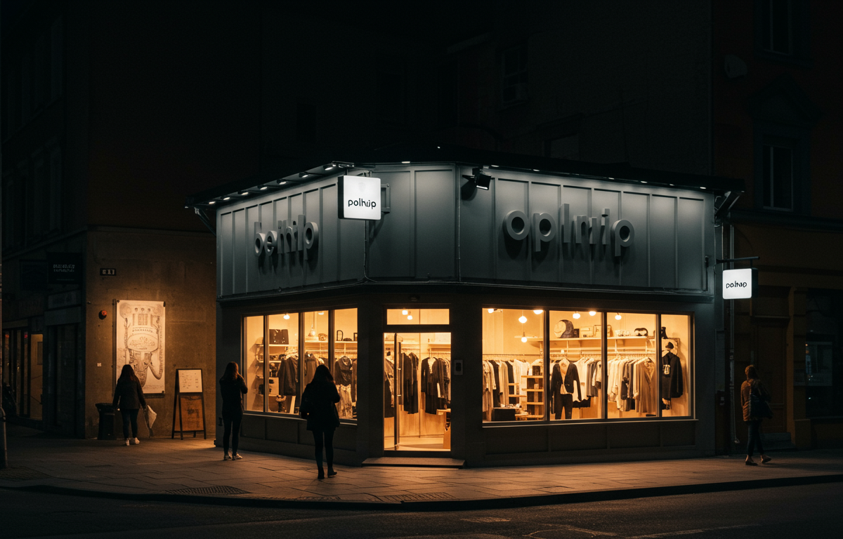 Pop-up shop exterior with custom facade on city street