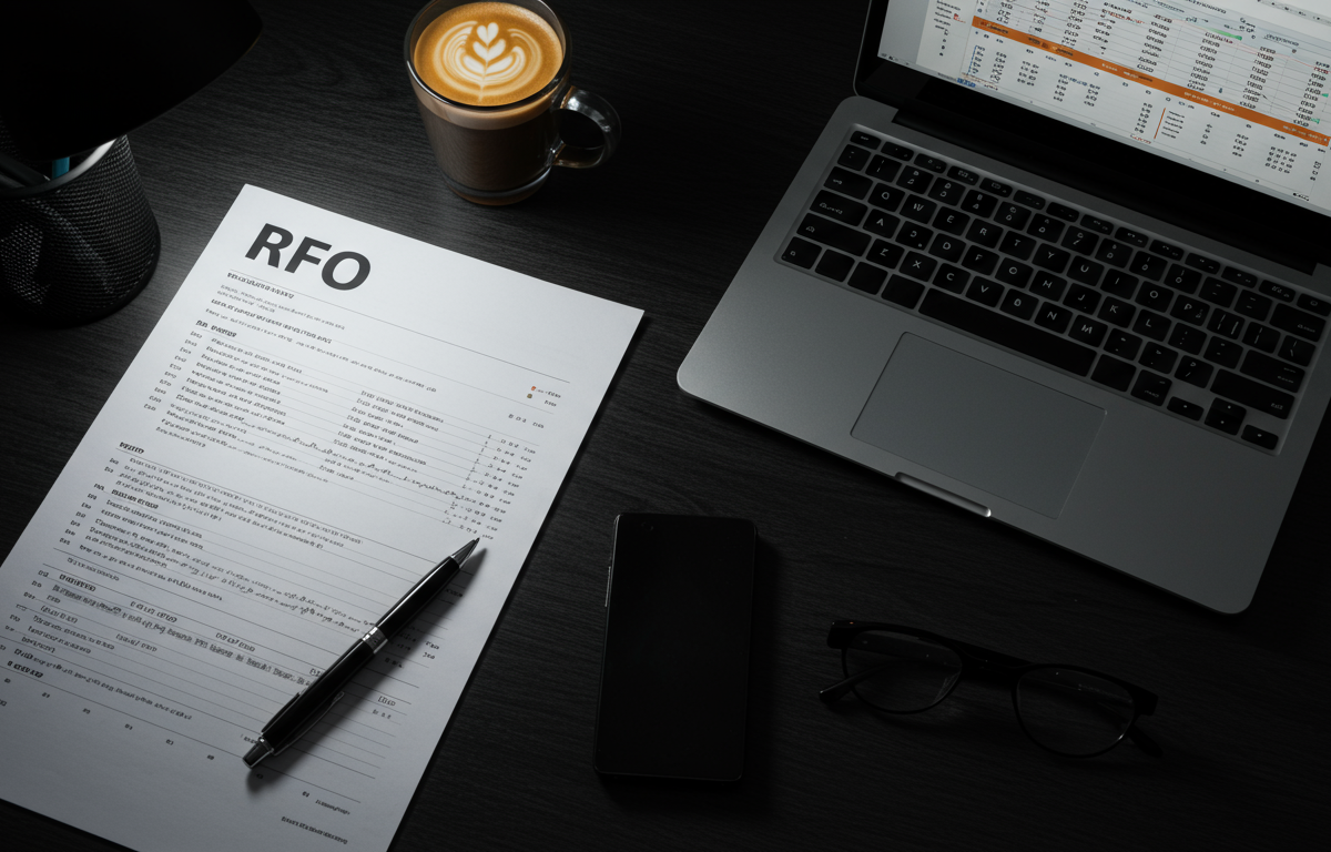 RFP document on desk with laptop and planning materials