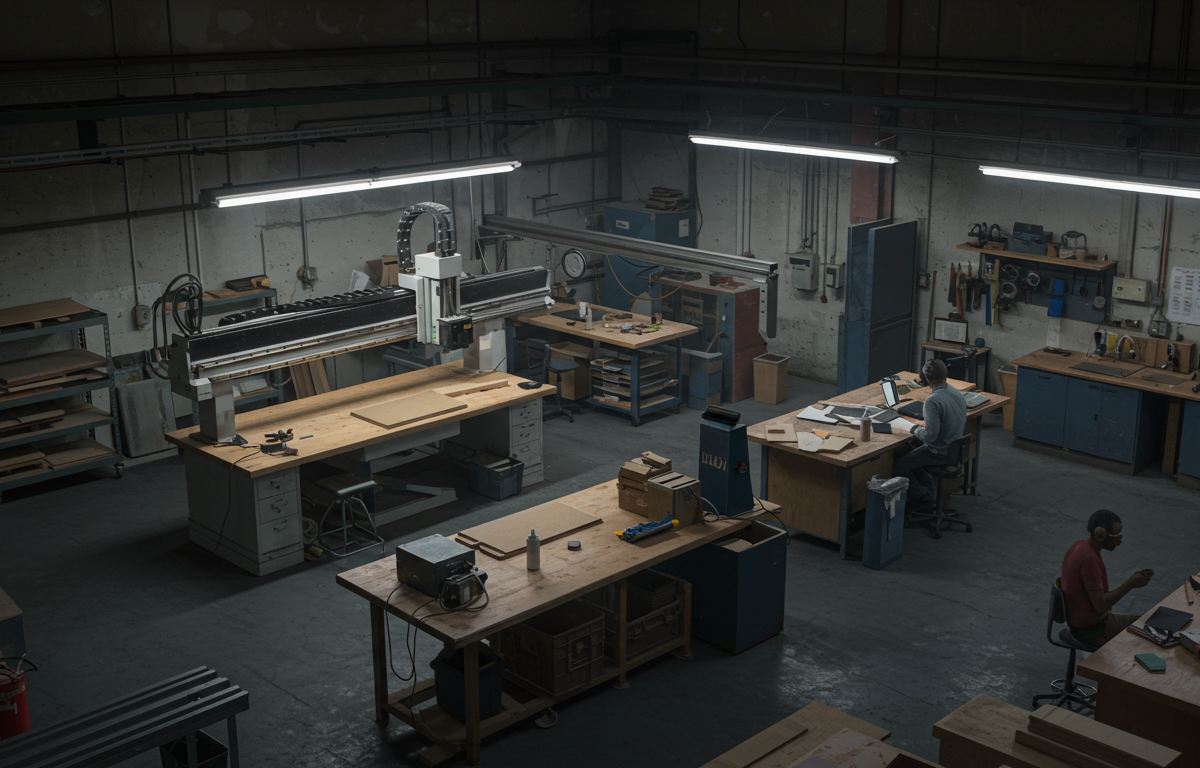 Event fabrication workshop showing multiple disciplines