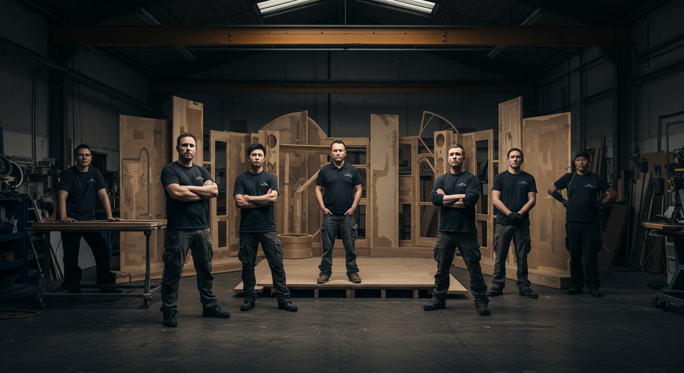 Fabrication team in workshop with completed build