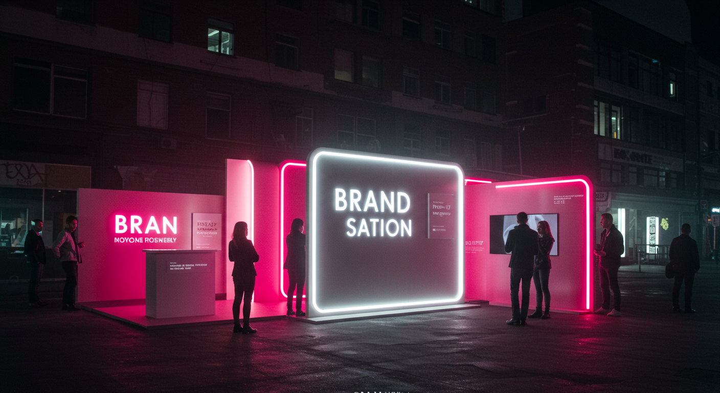 Custom brand activation installation with LED lighting at night