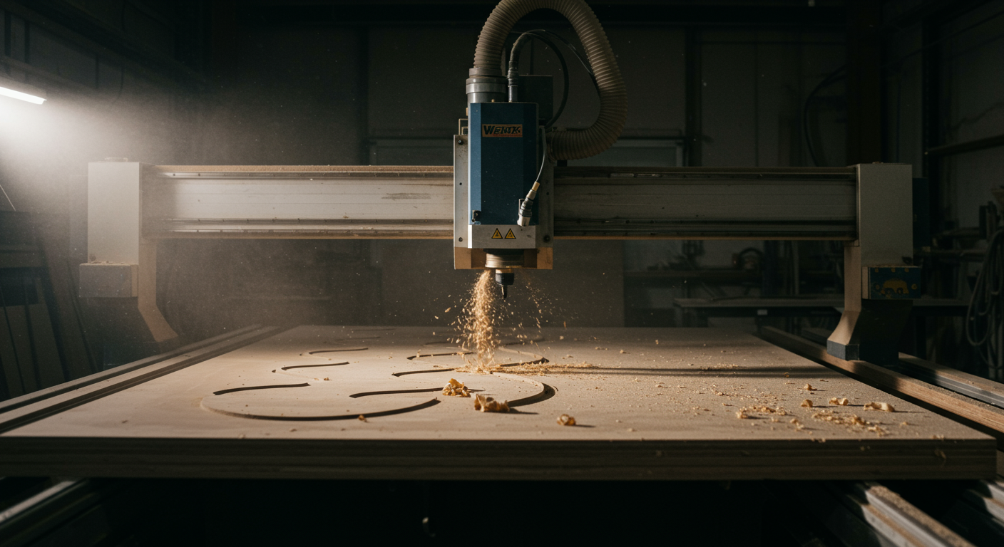 CNC router cutting decorative shapes from panel