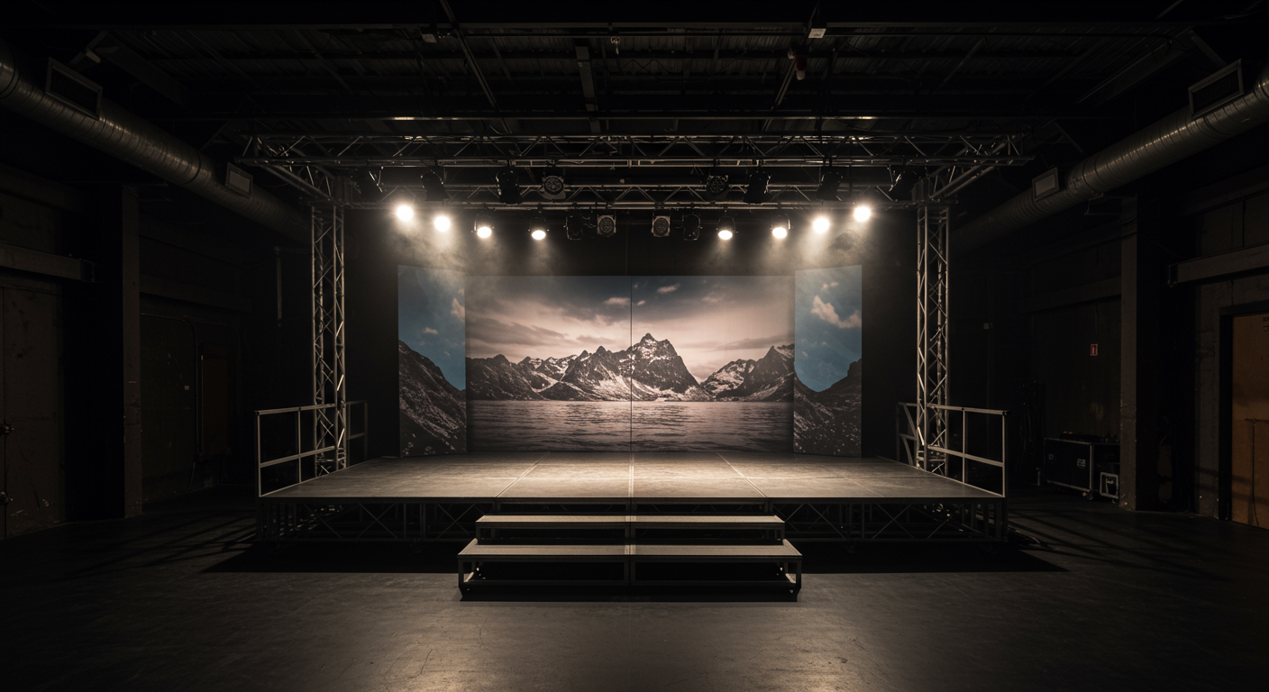 Custom stage platform with scenic backdrop in venue