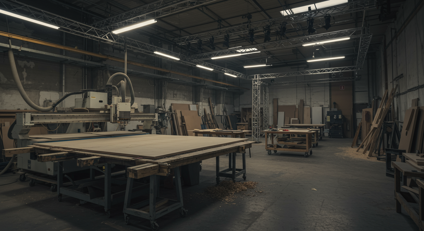 Event fabrication workshop with CNC router cutting scenic panels