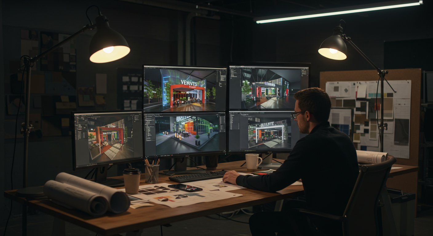 Experiential design studio workspace with 3D event renders on monitors