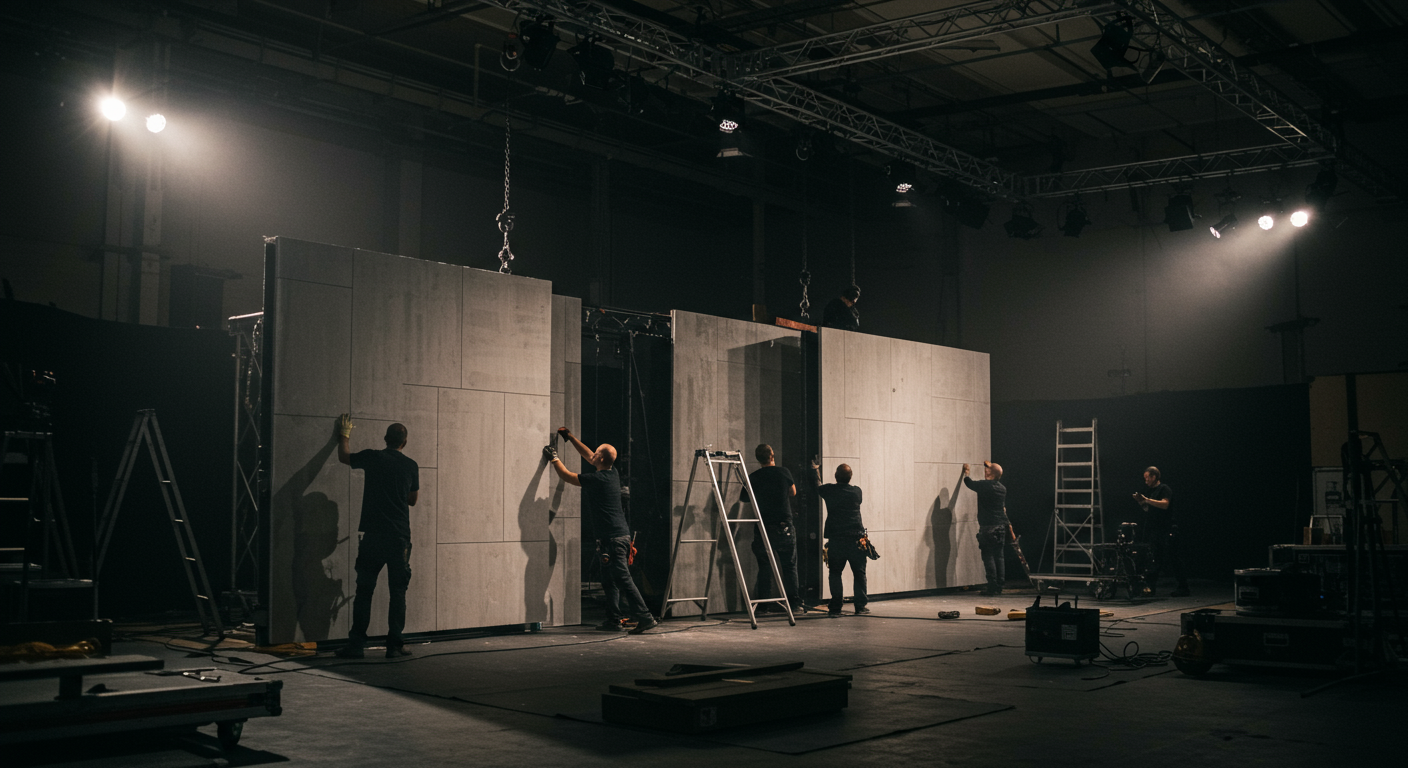 Event production crew installing scenic wall at venue