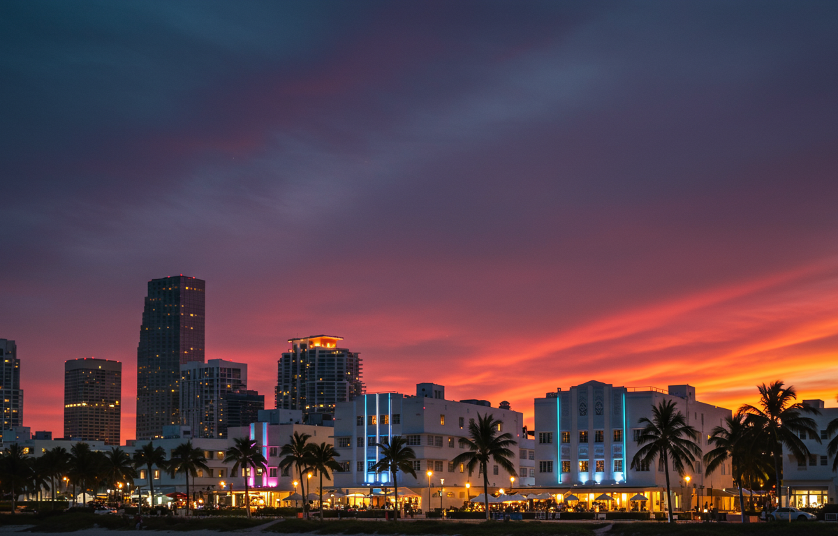 Miami Beach skyline at sunset