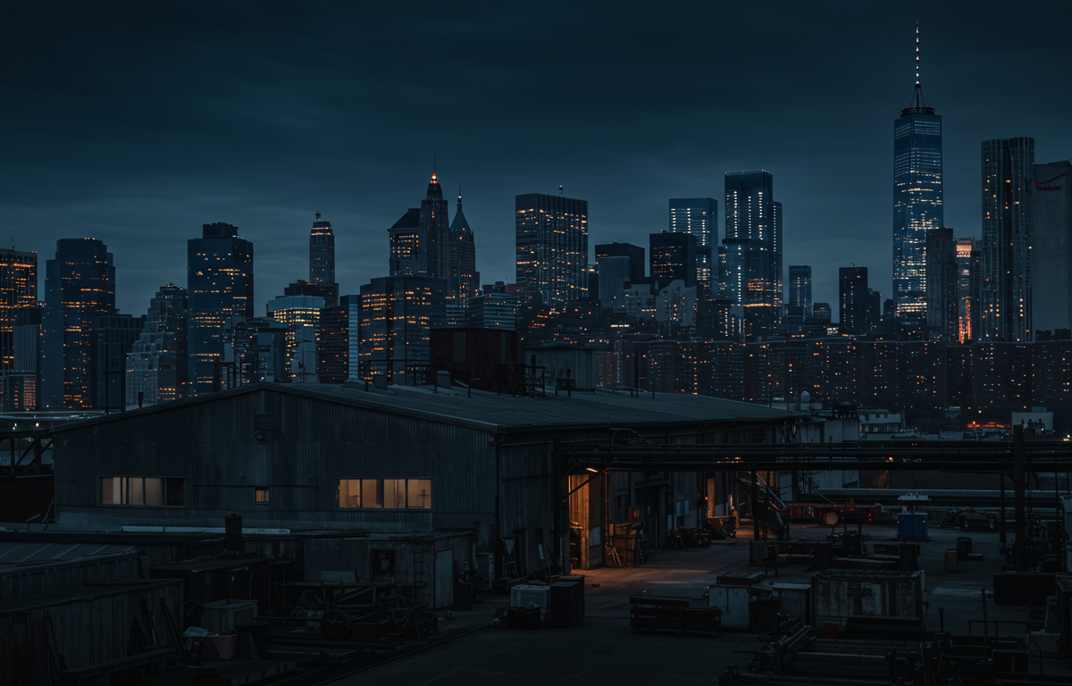 NYC skyline with fabrication shop in foreground