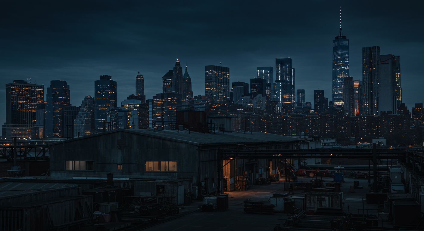 NYC skyline with fabrication shop in foreground