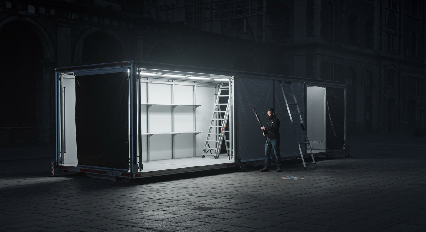 Mobile touring pop-up structure being assembled