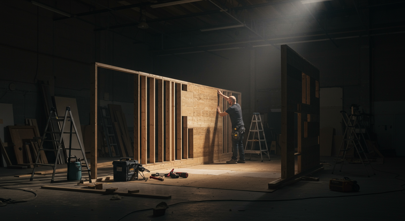 Scenic carpenter assembling event wall structure