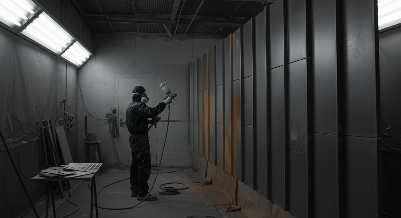 Scenic painter applying finish to fabricated wall