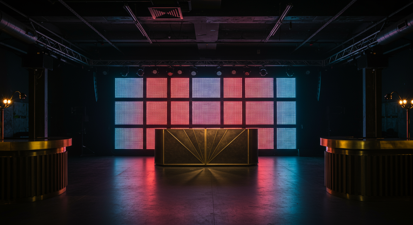 Custom stage set with scenic backdrop and LED-integrated DJ booth