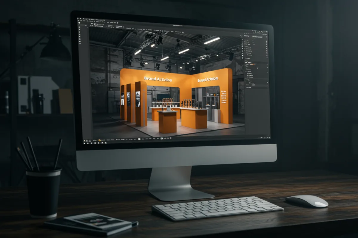 3D event visualization on computer monitor showing brand activation render