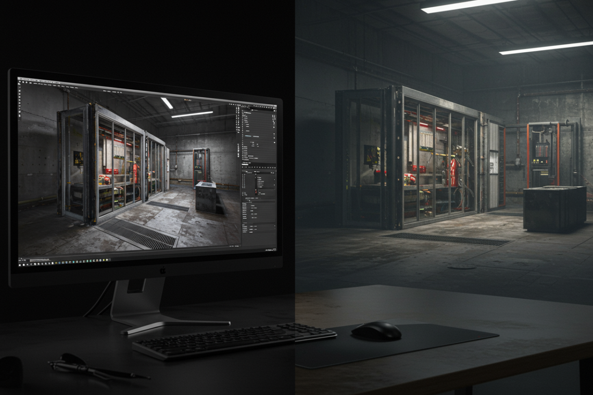 Side-by-side 3D render vs finished build comparison