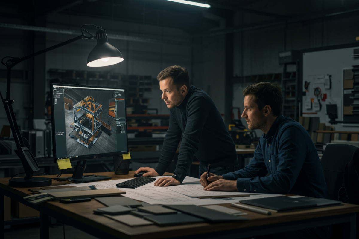 Project manager and creative director reviewing 3D renders