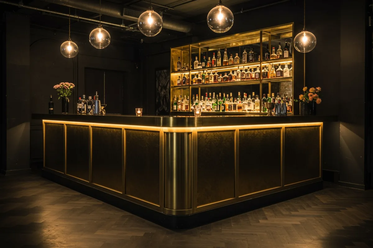 Custom-fabricated bar counter with brass trim and LED lighting