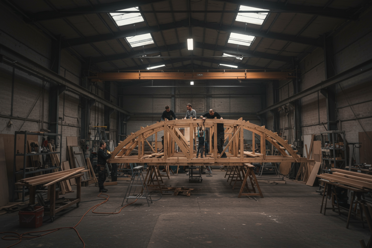Large scenic carpentry structure being framed