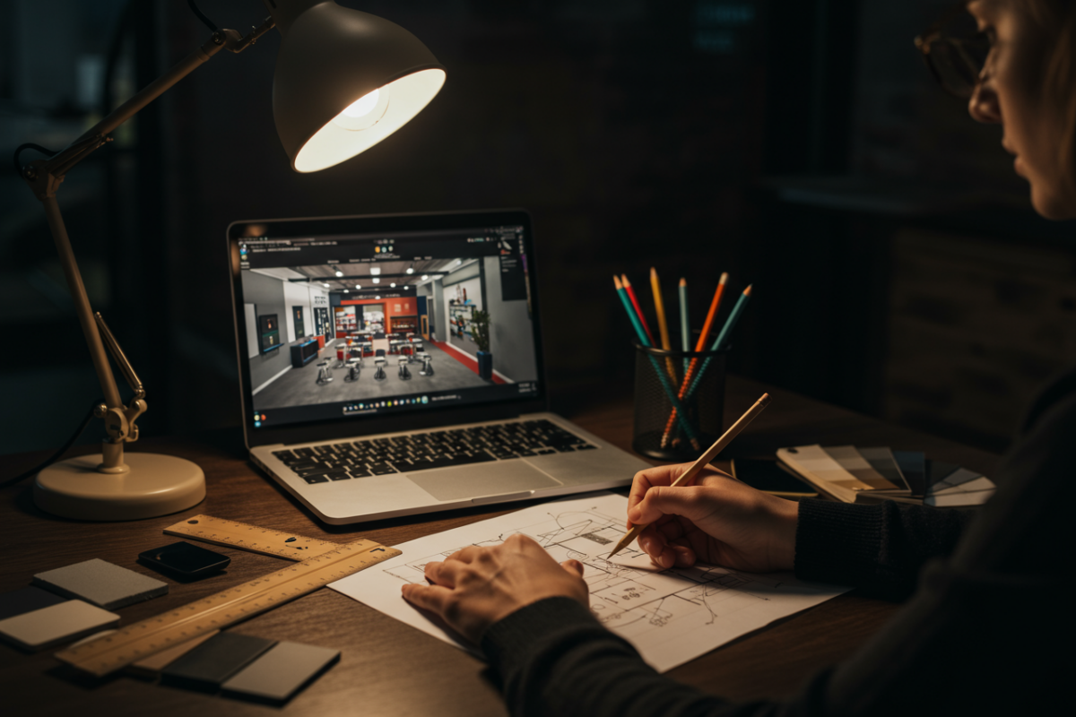 Designer sketching event floor plan next to 3D render on laptop