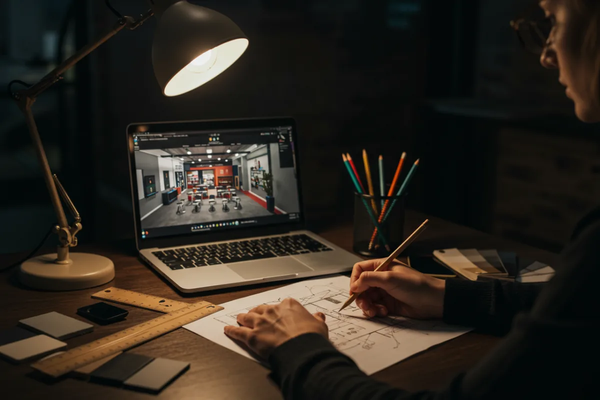 Designer sketching event floor plan next to 3D render on laptop