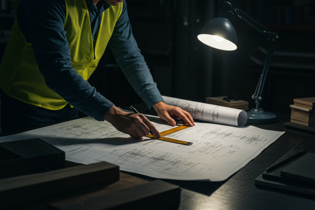 Engineer reviewing fabrication drawings with ruler