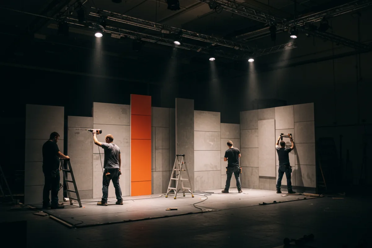Installation crew assembling scenic panels at event venue