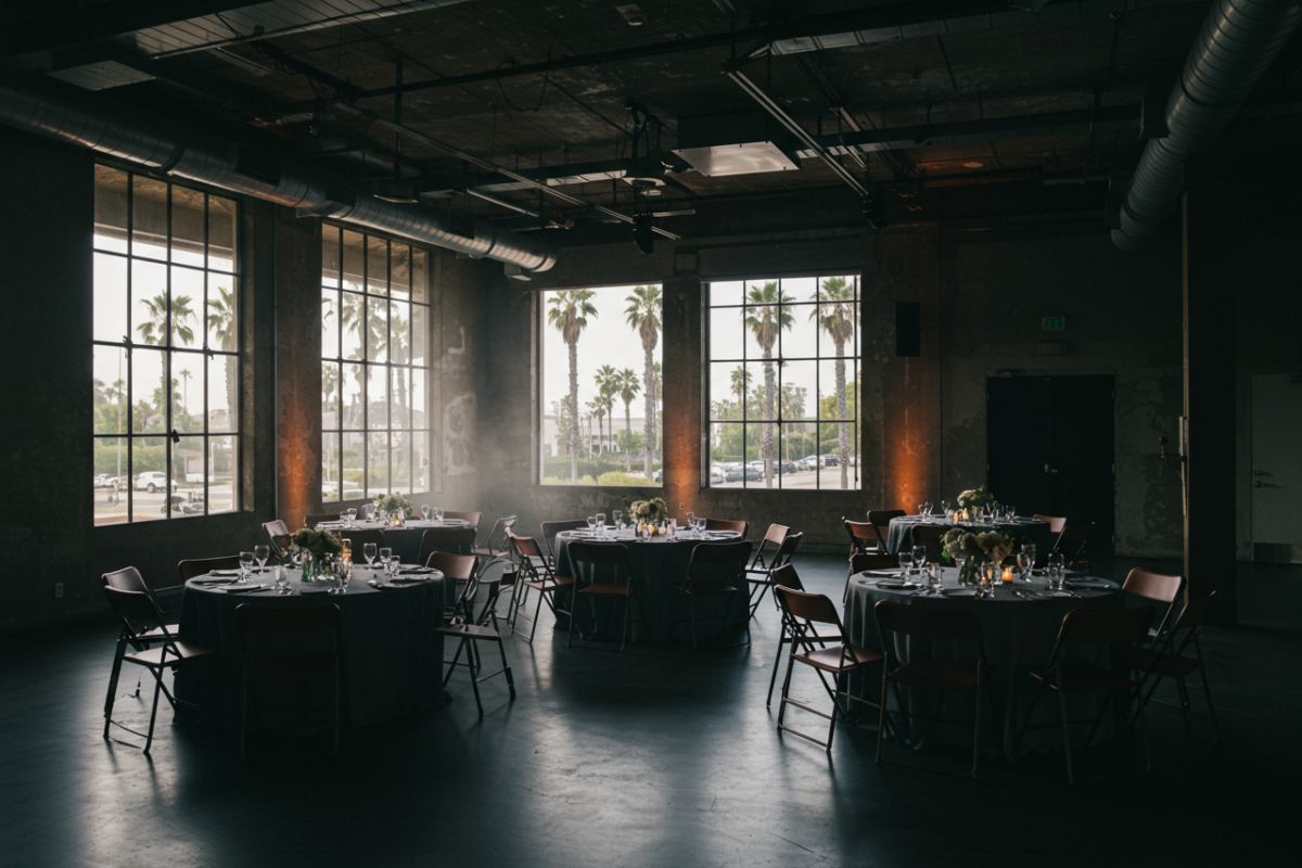 Los Angeles event venue with palm trees through windows