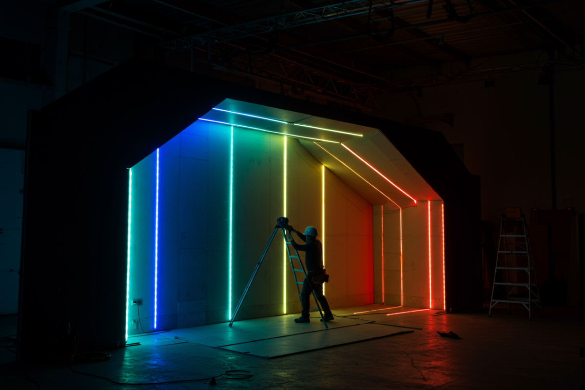 LED strip being installed in scenic panel