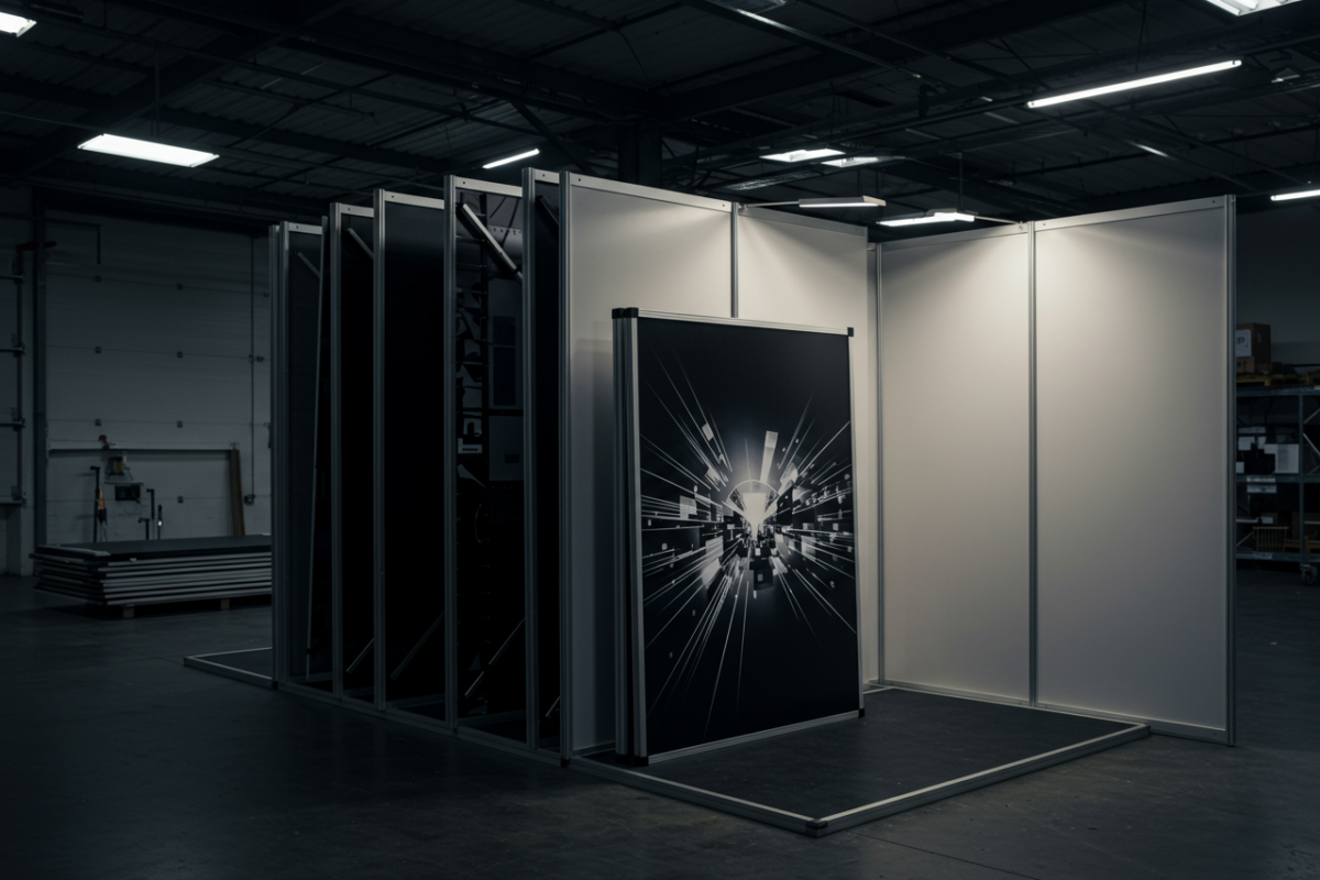 Reconfigurable exhibit panels in warehouse