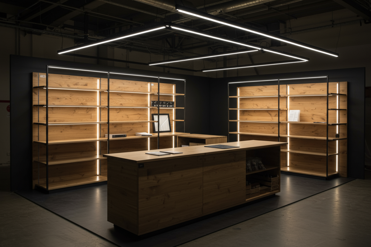 Custom retail fixtures in pop-up shop with LED lighting