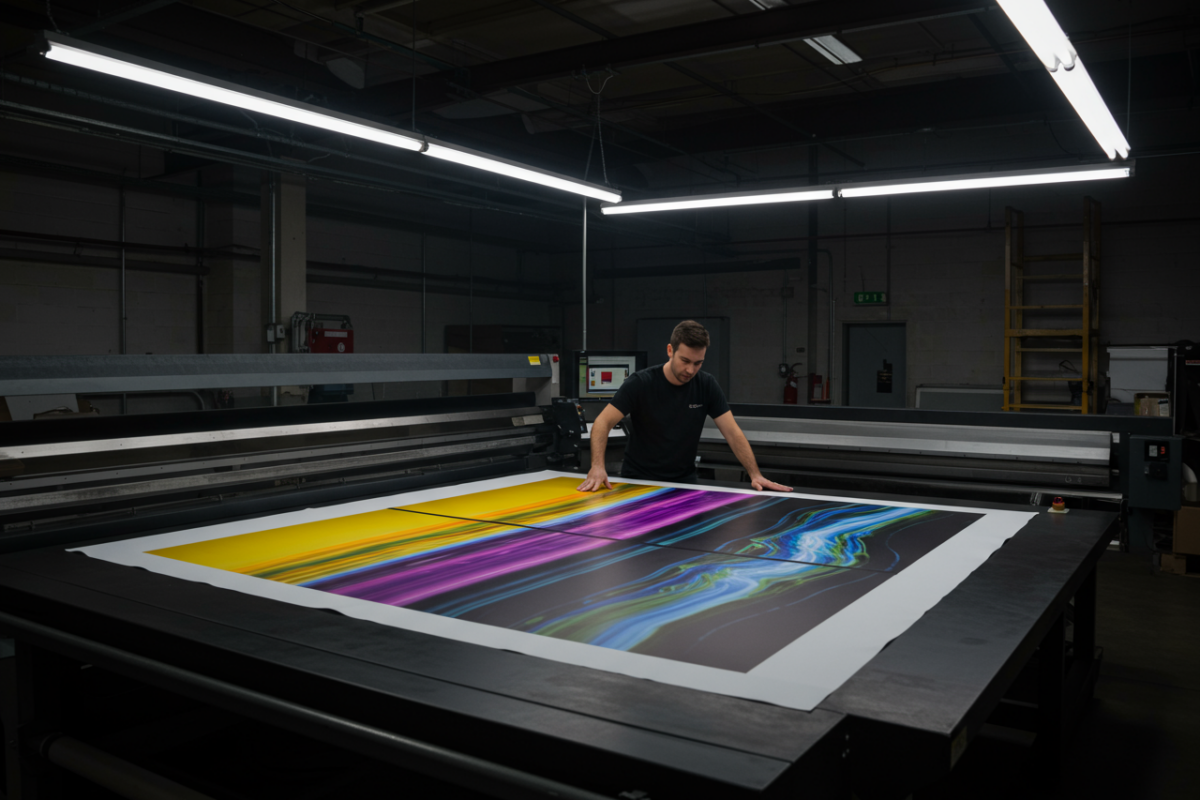 Large format vinyl graphic being quality inspected