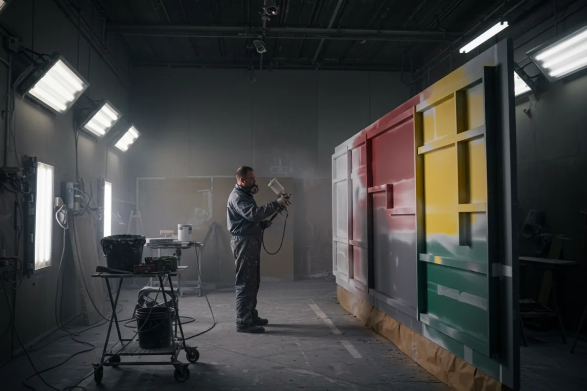 Scenic painter applying brand-matched color to fabricated wall panel