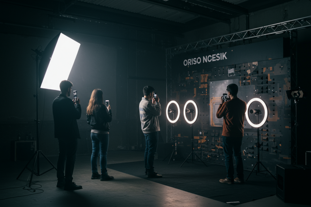 People at dimensional branded photo wall
