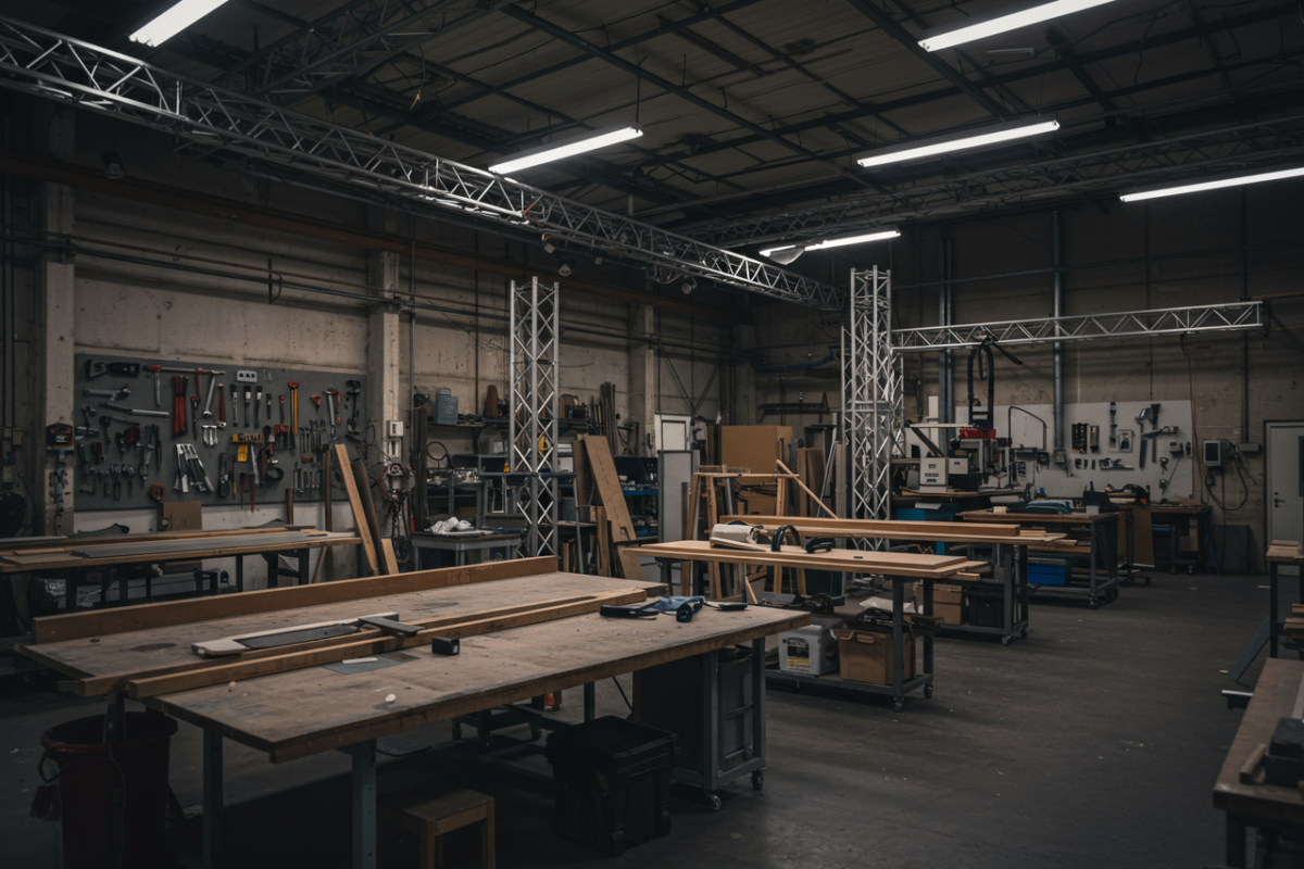Event fabrication shop interior with organized workstations