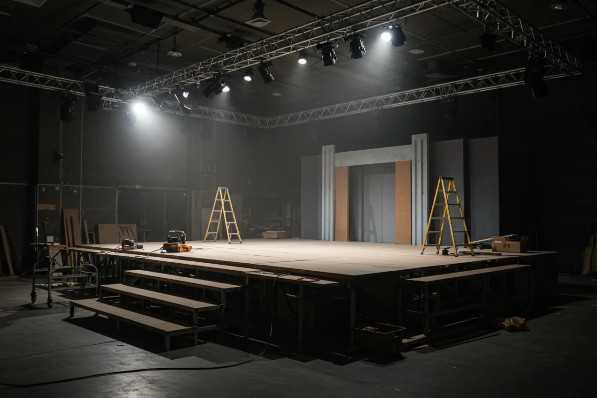 Custom stage platform under construction with scenic backdrop