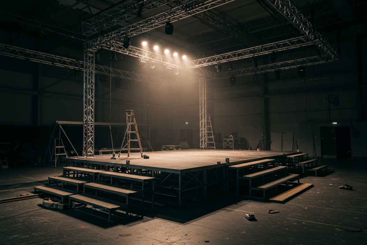 Stage platform with risers being leveled in venue