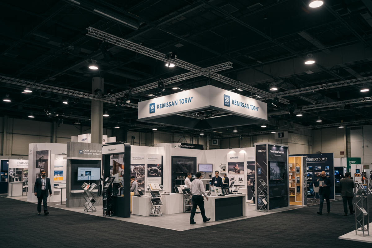 Busy trade show floor with custom exhibit booths