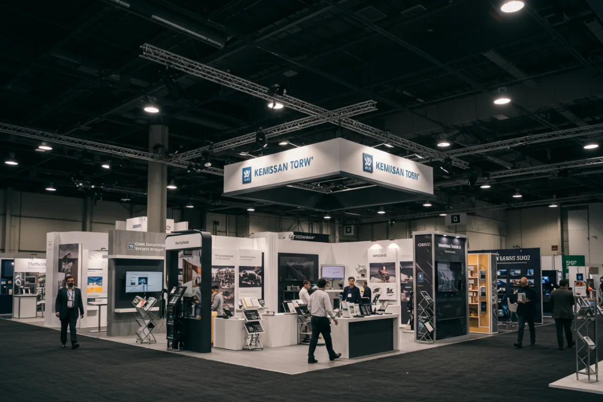 Busy trade show floor with custom exhibit booths