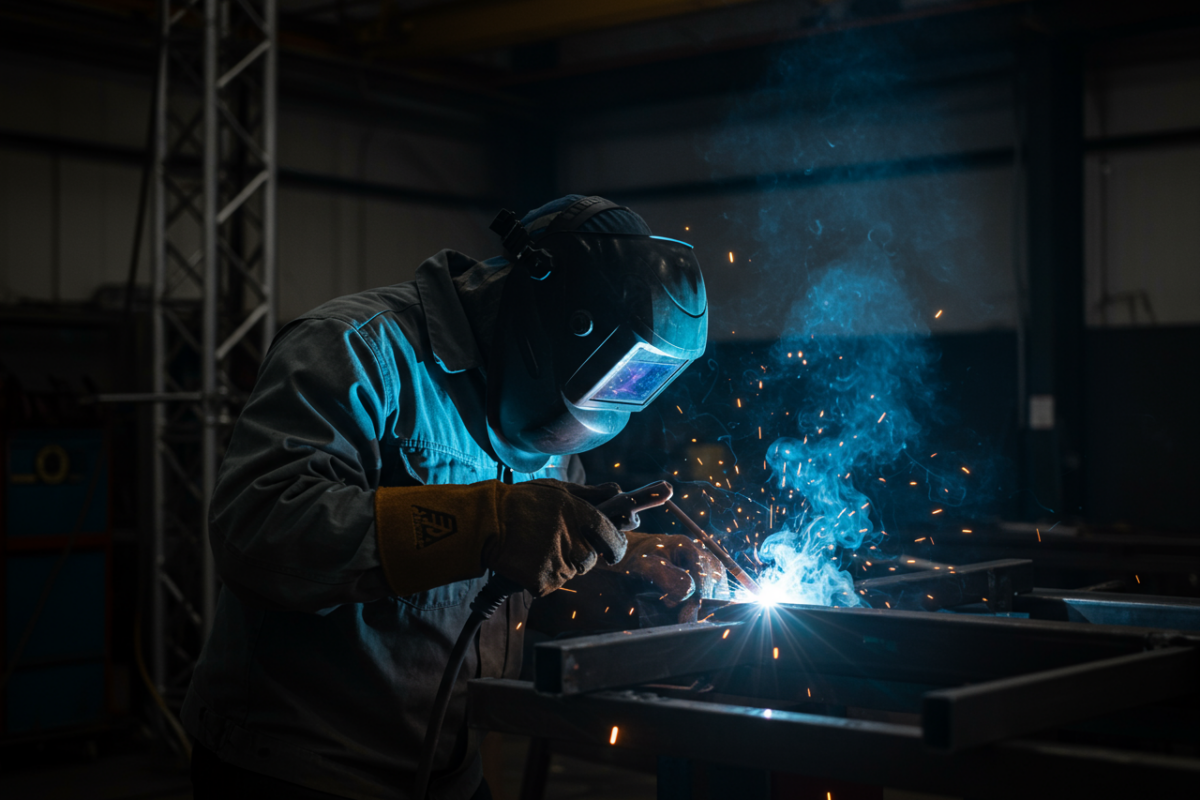 Welder TIG welding steel frame for event structure