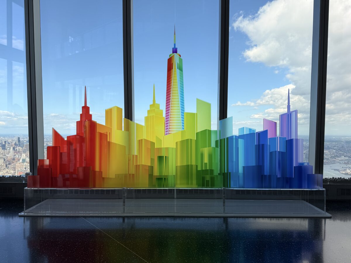 One World Observatory Pride Month centerpiece against the Manhattan skyline