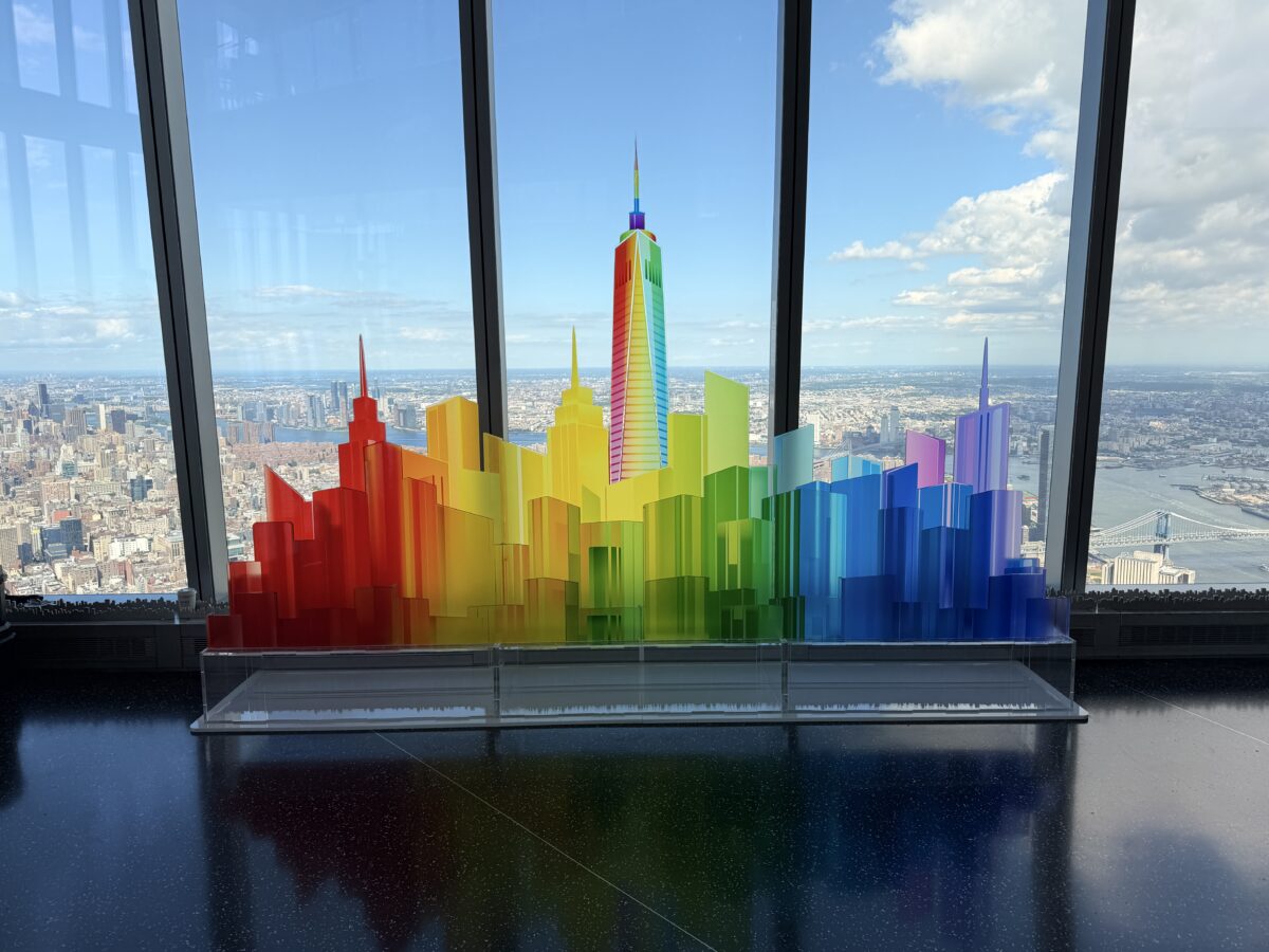 Edge-polished clear acrylic cityscape layers with rainbow OWT centerpiece
